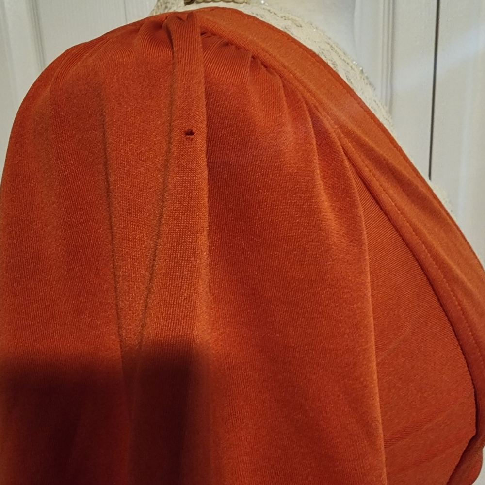 Vintage Rust & Cream Empire Wasit Prairie Lace Ruffle Bell Sleeved Dress - Picture 10 of 16